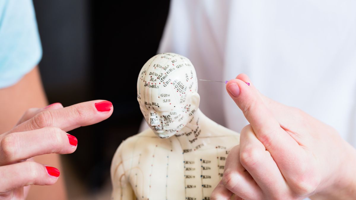 Two people figuring out the acupuncture process using a figurine man with acupuncture points drawn